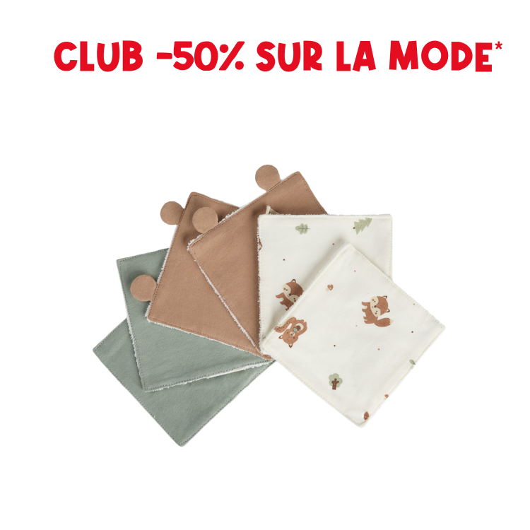 Lot de 6 lingettes lavables 12 x 12 cm en coton Roi des Forêts - Prémaman