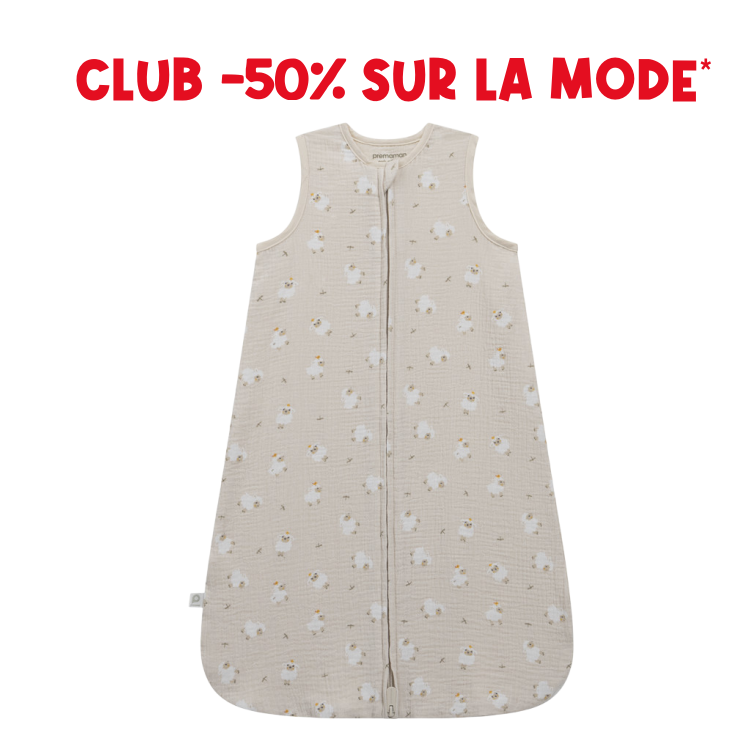 Printed cotton-gauze sleeping bag (0.5 TOG) with La Vie à la Ferme sheep print - Prémaman