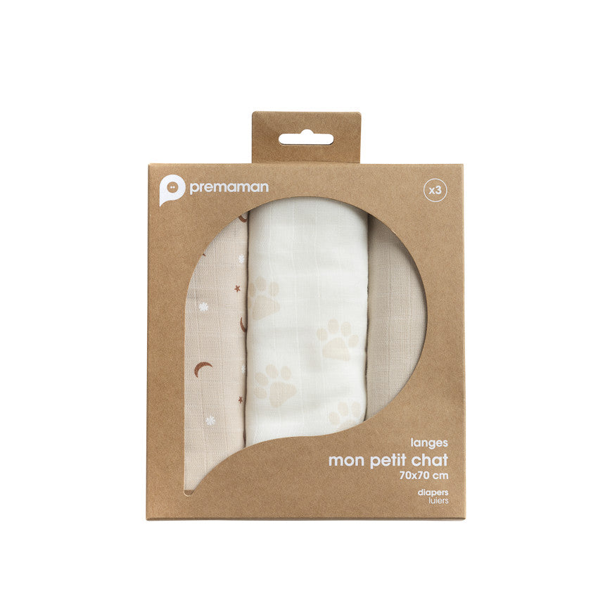 Set of 3 muslin swaddles 70 x 70 cm My Little Cat - Prémaman