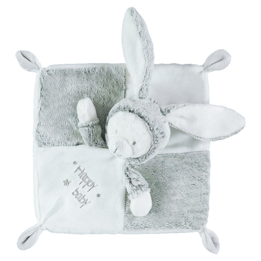 Doudou plat lapin en sherpa avec inscriptions brodées - Prémaman