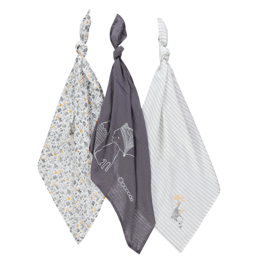 Lot de 3 langes en gaze de coton motifs animaux de la forêt - Prémaman