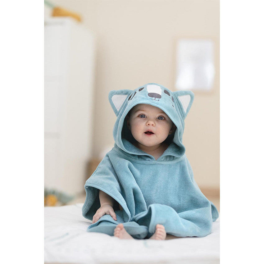 Poncho de bain à capuche brodée loup en velours éponge - Prémaman