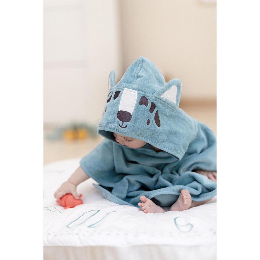 Poncho de bain à capuche brodée loup en velours éponge - Prémaman