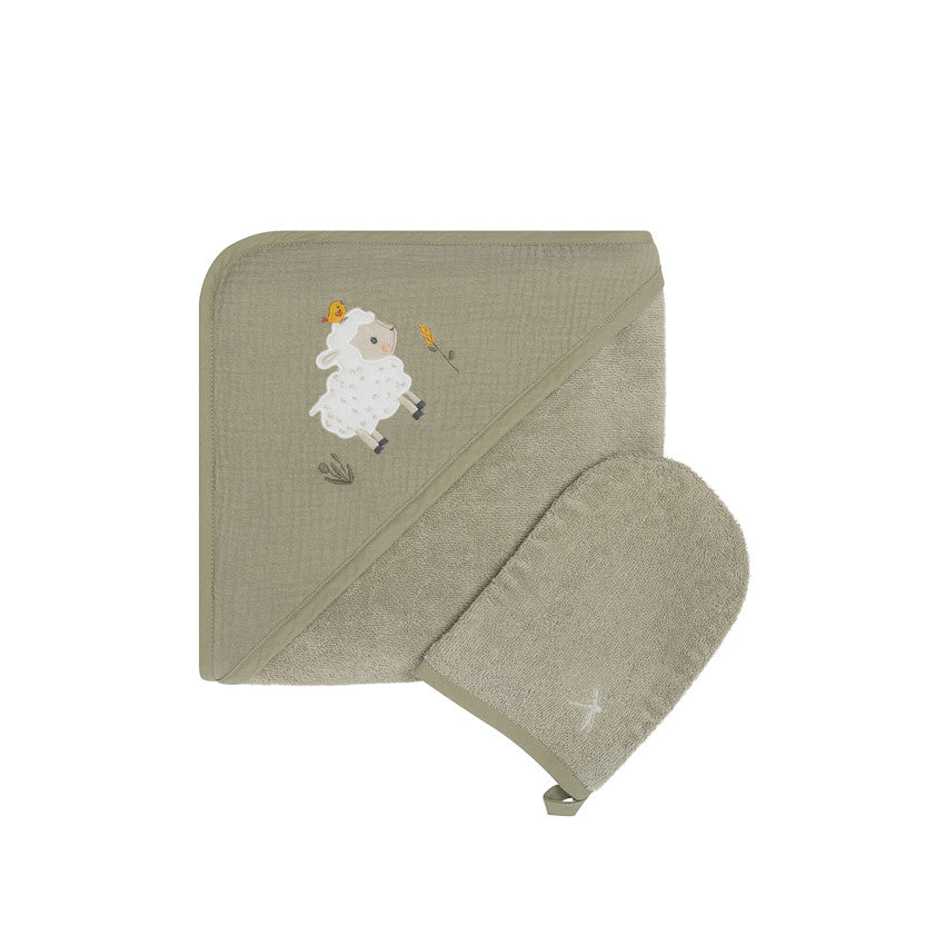 Set de bain avec cape et gant de toilette La Vie à la Ferme vert - Prémaman