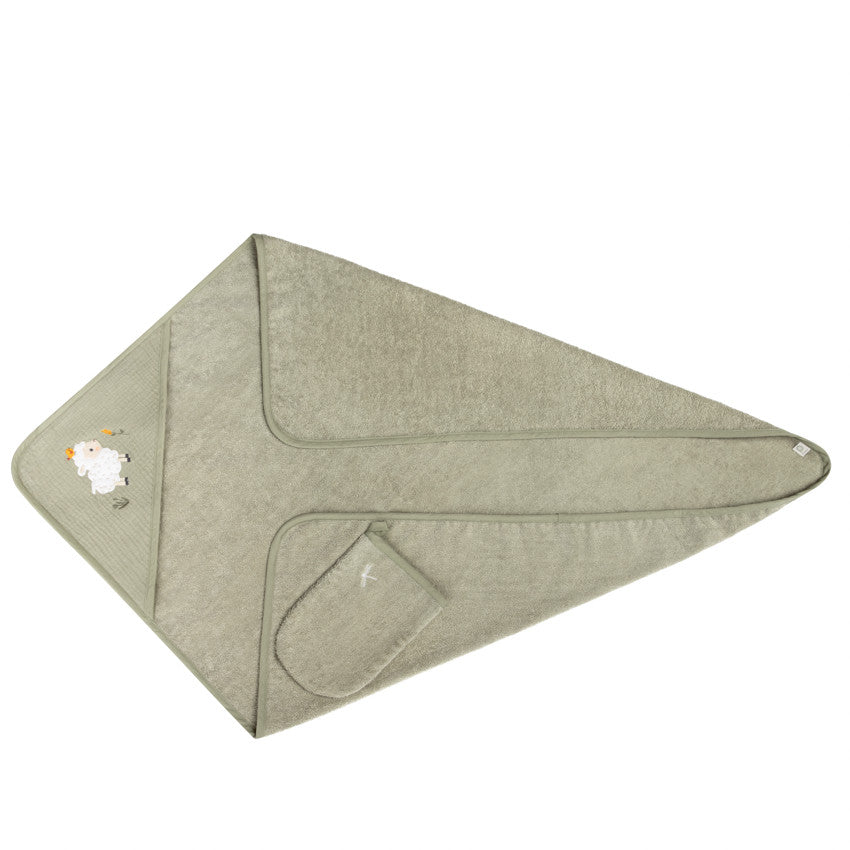 Bath set with hooded towel and washcloth Farm Life green - Prémaman