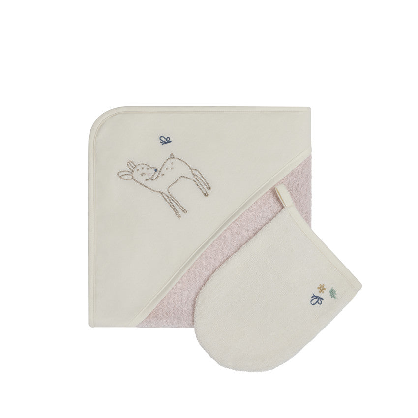 Set de bain avec cape et gant de toilette Little Deer écru/rose - Prémaman