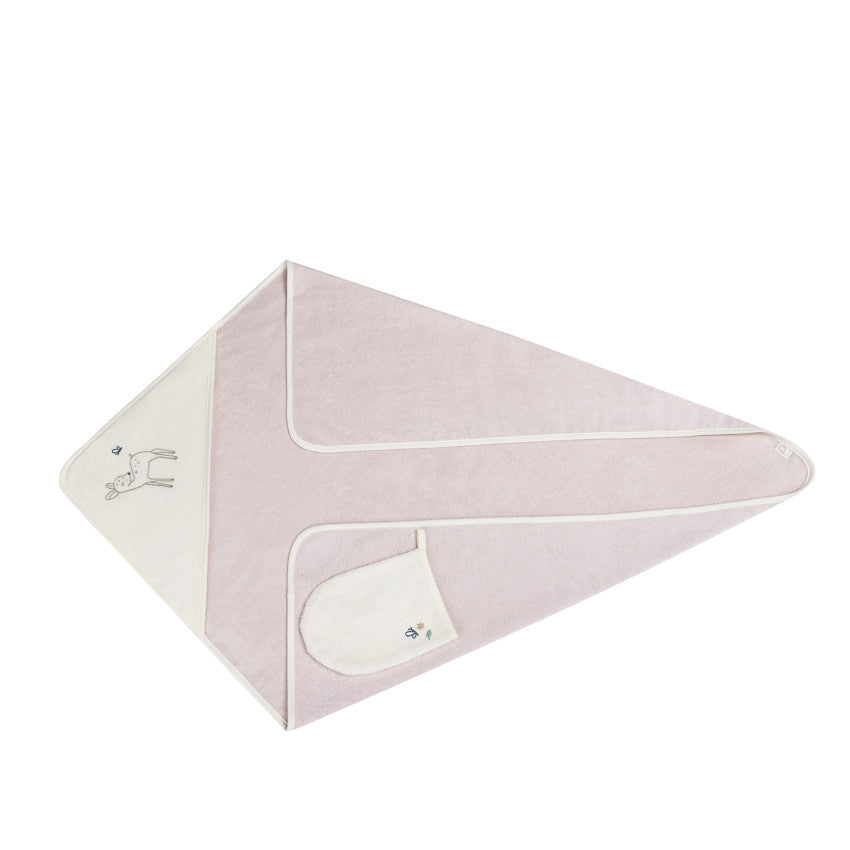 Little Deer ecru/pink bath set with hooded towel and wash mitt - Prémaman
