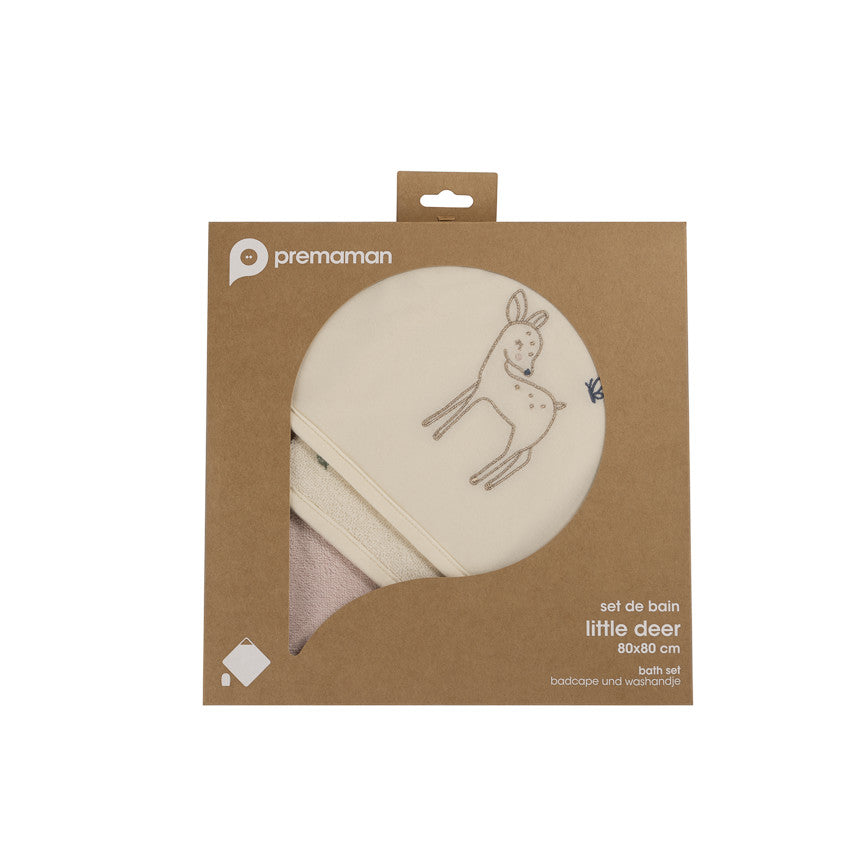 Set de bain avec cape et gant de toilette Little Deer écru/rose - Prémaman