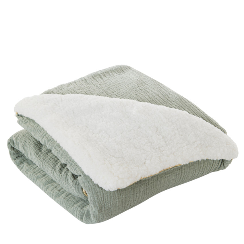 Sherpa-lined tetra blanket 80 x 80 cm green - Prémaman
