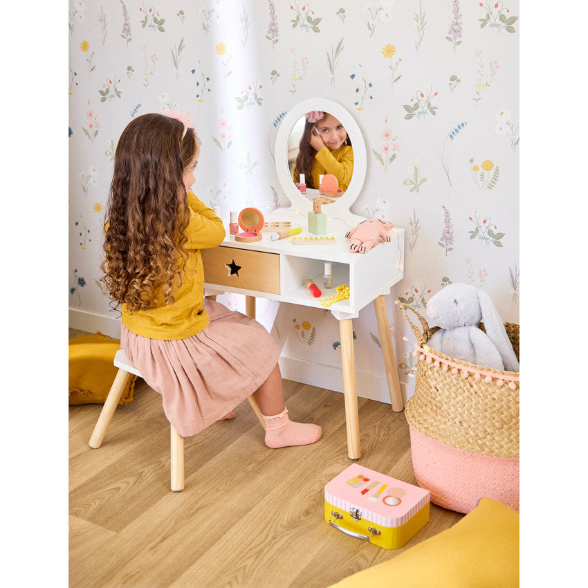 Petite coiffeuse fonctionnelle avec tabouret en bois - Prémaman