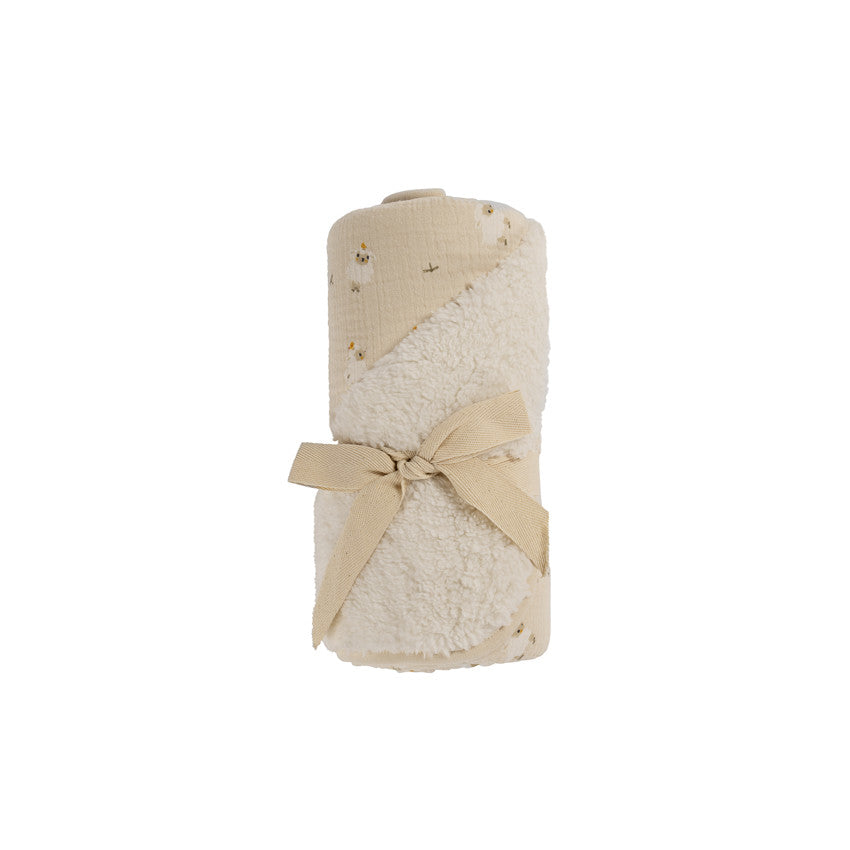 Couverture bi-matière 80 x 80 cm imprimé moutons La Vie à la Ferme beige - Prémaman