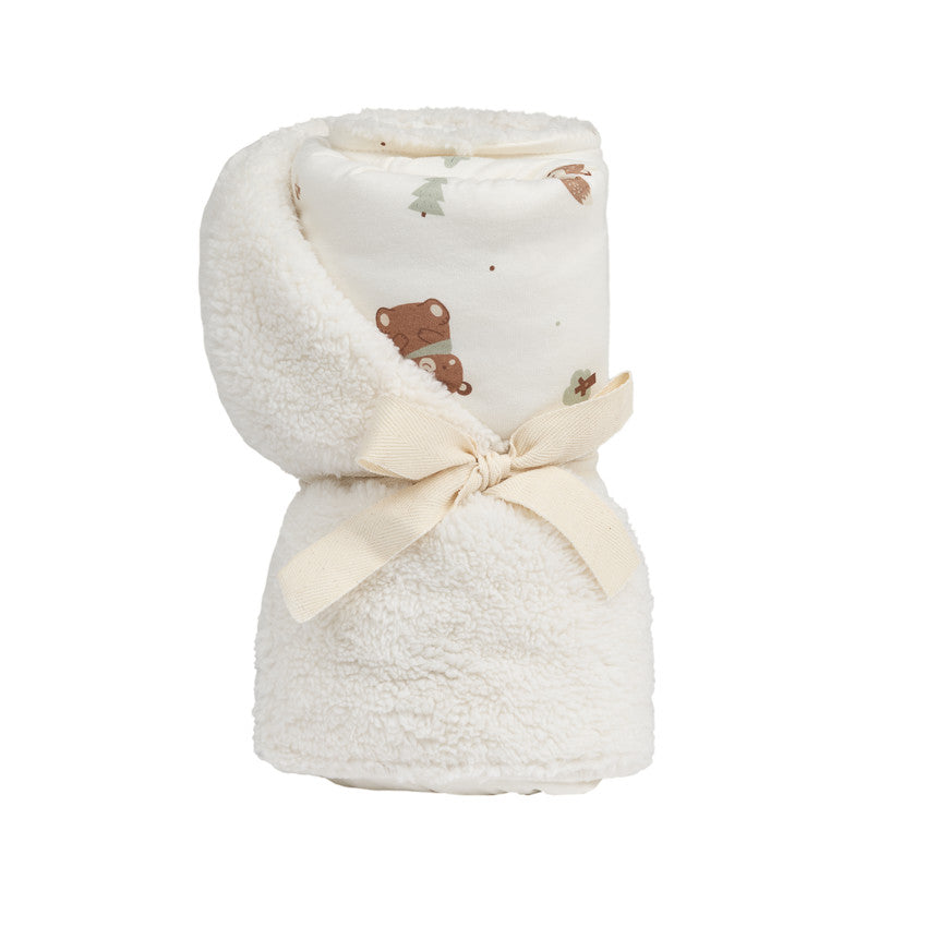 Couverture bi-matière 80 x 110 cm imprimé animaux Roi des Forêts écru - Prémaman