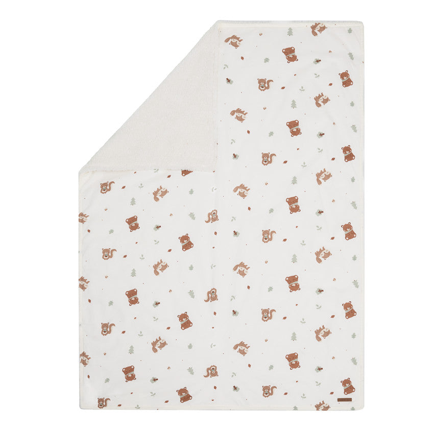 Two-material blanket 80 x 110 cm forest animal print ecru - Prémaman