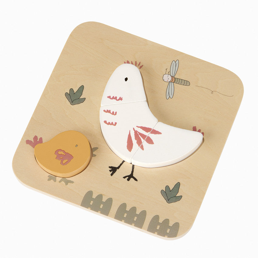 Puzzle en bois 4 pièces Poule et son poussin - Prémaman