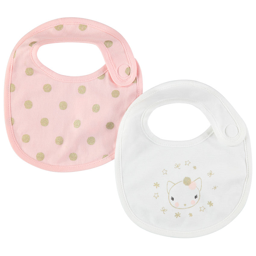 Lot de 2 bavoirs courts à pois dorés et motif chat printé doré - Prémaman