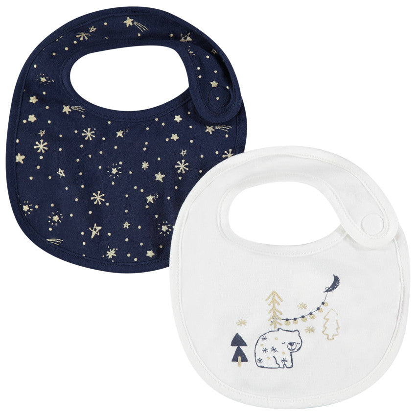 Pack of 2 cotton bibs with all-over gold print and bear - Premaman
