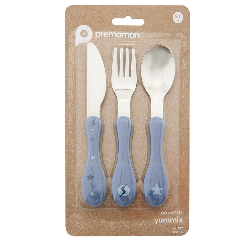 Set de 3 couverts en métal 2ème âge Yummix bleu - Prémaman