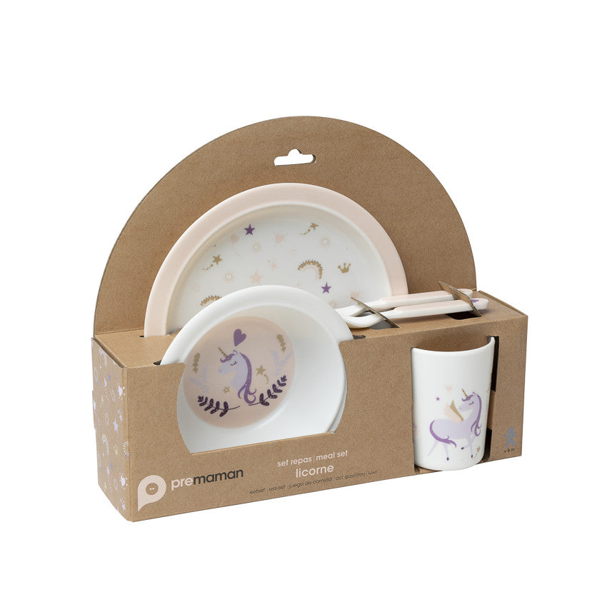 Set repas 5 pièces en mélamine Licorne rose/écru - Prémaman