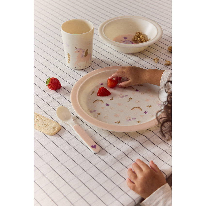 Set repas 5 pièces en mélamine Licorne rose/écru - Prémaman