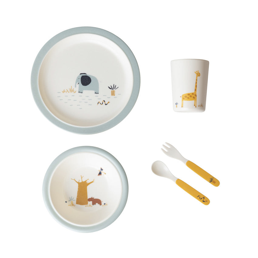 Set repas 5 pièces en mélamine Savane écru/bleu - Prémaman