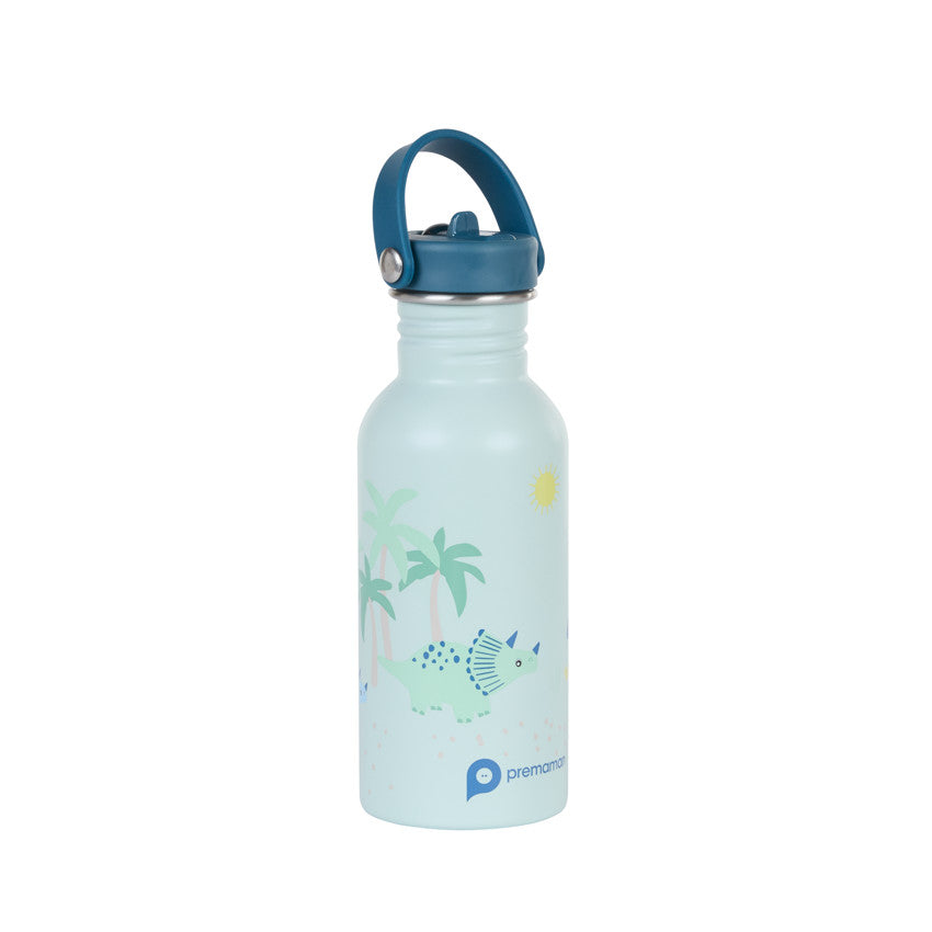 Stainless steel water bottle with funny dinosaur straw - 500 ml - Prémaman